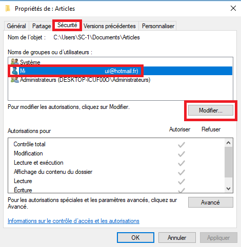configurer les autorisations utilisateur pour les fichiers et dossiers dans Windows 10